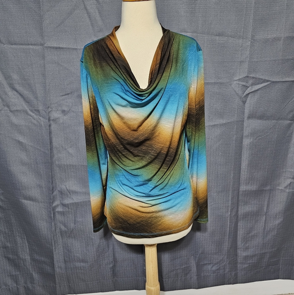 New Directions Blue Green Brown Cowl Neck Abstract Top L